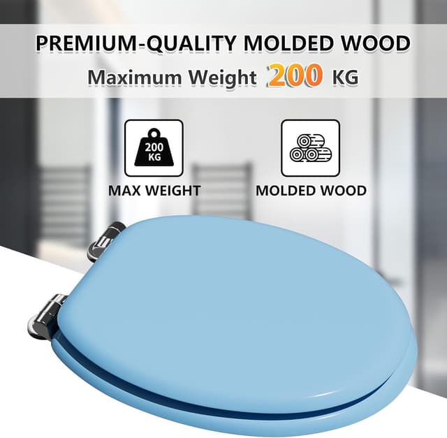 Detalle 2 de Angel Shield Wooden Toilet Seat with Adjustable Soft Close Hinges (Blue) – Quick Release & Removable Lid