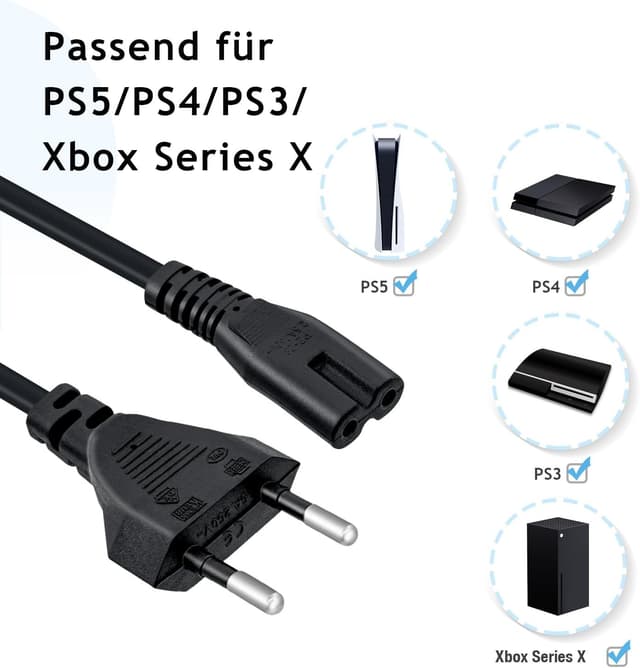Detalle de Mcbazel 3 m Netzkabel mit Eurostecker auf C7-Buchse (2-polig) – Ersatzkabel für PS5/PS4/PS3, Xbox Series X/S & TV