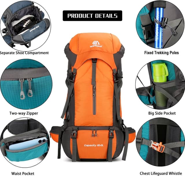 Detalle de Ezmina 70L Hiking Backpack with Rain Cover – Lightweight trekking rucksack for large day trips