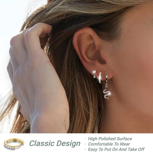 Detalle 2 de Ensemble de 3 paires de boucles d’oreilles MACACHII en argent 925 plaqué or 14K et zircon (huggies, serpent CZ, clous) hypoallergéniques