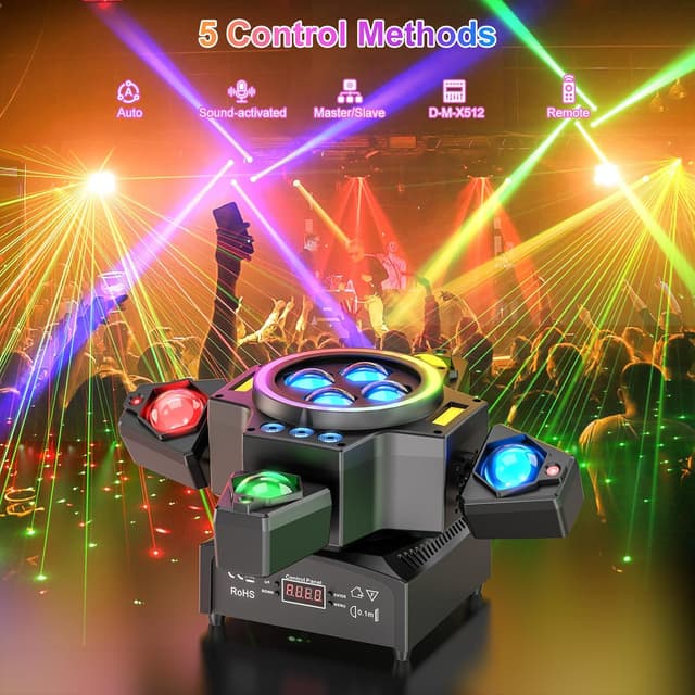 Detalle de 150W Moving Head Bühnenlicht Strahl (RGBW, 4 Lampenarm) mit Fernbedienung – Gold Strobe Partylicht für DJ, Disco & Events