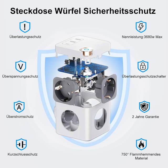 Detalle de Beizkna Steckdosenwürfel mit USB-C: 3-fach Mehrfachsteckdose mit Überspannungsschutz, Schalter und 1,5 m Kabel