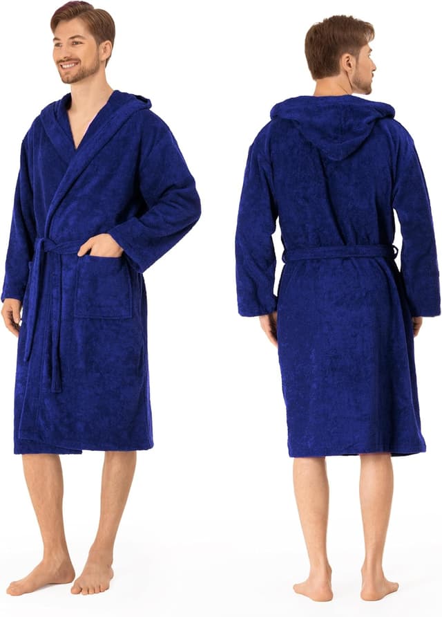 Detalle de Twinzen Herren-Bademantel aus 100% Baumwolle mit Kapuze, Gürtel und 2 Taschen (OEKO‑TEX®, 350 g/m²)