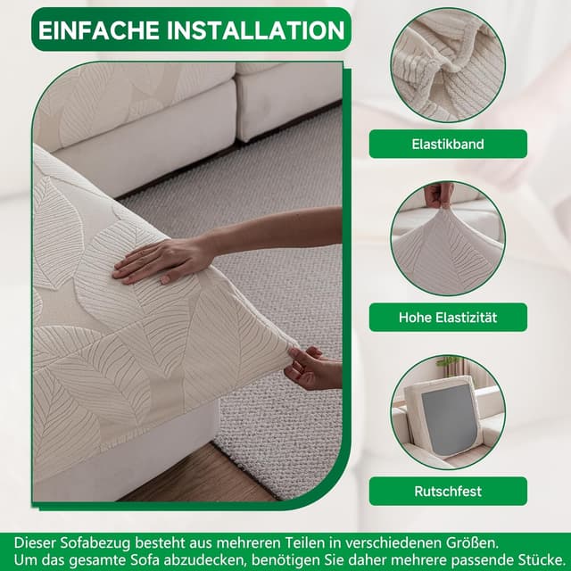 Detalle de OHSIO Sofa Überzug – universeller elastischer Sofabezug für Sitzkissen, rutschfest & waschbar (Elfenbein/Blattmuster)