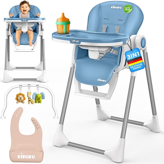 Detalle de KIDUKU Hochstuhl Baby 3in1 klappbar mit Liegefunktion, Neugeborenenaufsatz und Spielbogen (0–36 Monate)