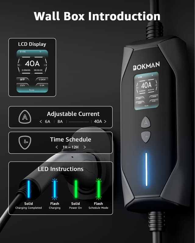 Detalle de bokman Portable Level 2 & Level 1 EV Charger (240V, 40A) with 20ft Cable, NEMA 14-50 Plug + NEMA 5-15 Adapter