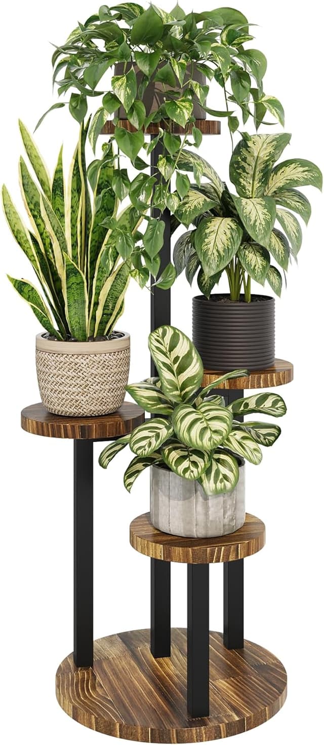 Detalle de Bamworld 4-Tier Corner Plant Stand with Wood Trays and Metal Brackets