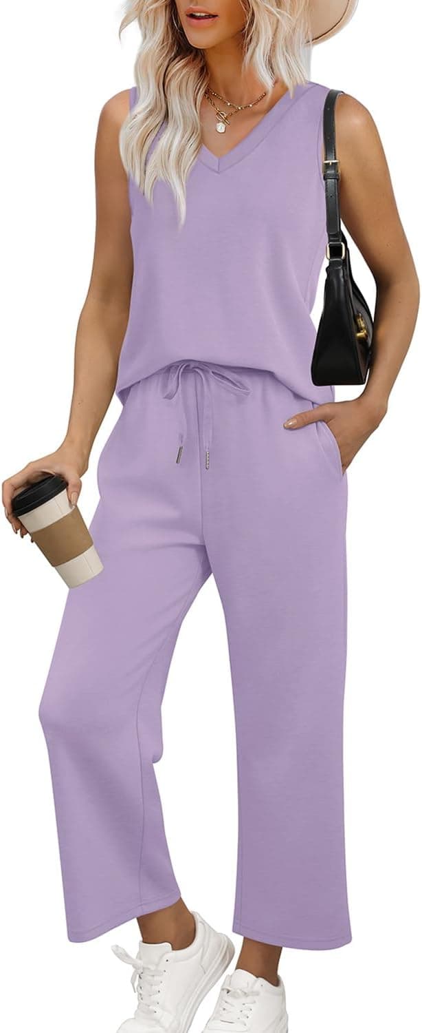 Detalle de WIHOLL Women’s Two-Piece V-Neck Lounge Set with Wide-Leg Cropped Pants