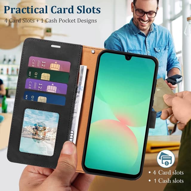 Detalle de GOTOURED Handyhülle für Samsung Galaxy A26 (RFID, Kartenfach, Magnetverschluss, Stand & Handgelenksgurt) – Schwarz