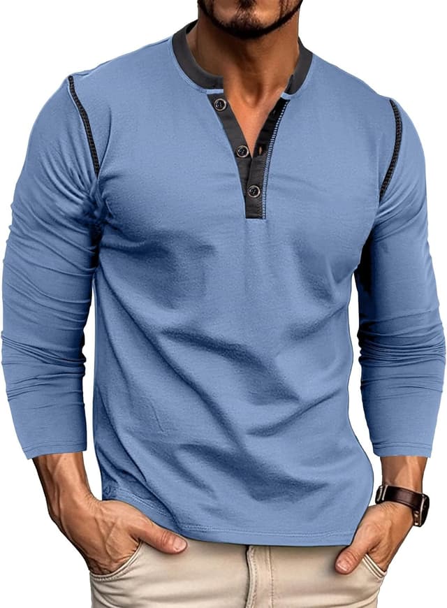 Detalle de Henley Shirt Herren Langarm T-Shirt mit V-Ausschnitt