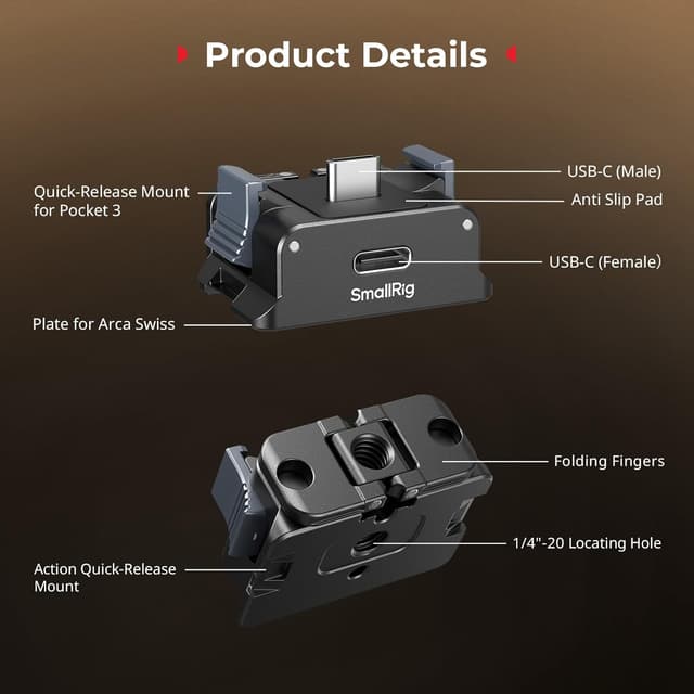 Detalle de SMALLRIG Adaptateur de charge pour DJI Osmo Pocket 3 (station de bureau aluminium, Type C, fixation 1/4”-20 et interface Arca-Swiss)
