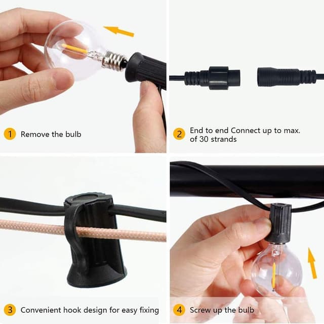 Detalle 2 de Svater Outdoor Festoon Lights Mains Powered (25ft) with 13 G40 E12 LED Bulbs – IP45 waterproof, connectable up to 20 strings