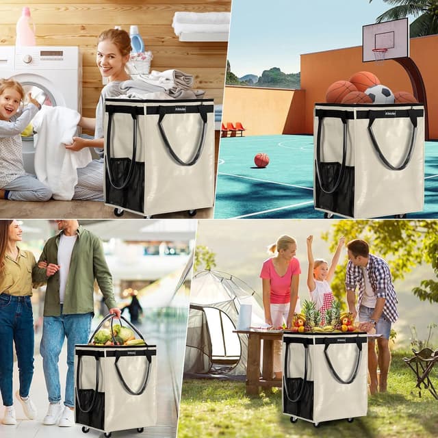 Detalle 2 de (Medium, Beige) Reusable Grocery Bag on 4 Wheels Rolling Tote — Foldable Zip-Top Wheeled Shopping Cart Bag