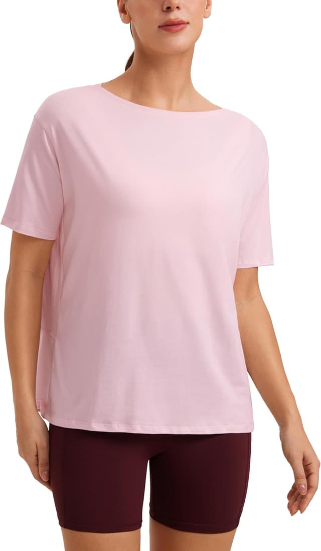 Detalle de CRZ YOGA Women’s Pima Cotton Short Sleeve Loose Workout T-Shirt (Boat Neck)