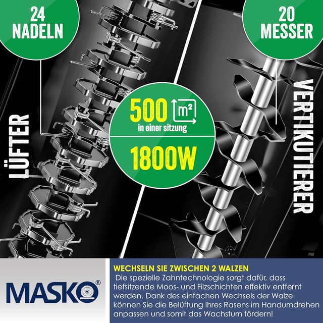 Detalle 2 de MASKO® Elektro 2in1 Vertikutierer & Rasenlüfter 1800 W, 40 cm Arbeitsbreite, 55-L Fangkorb