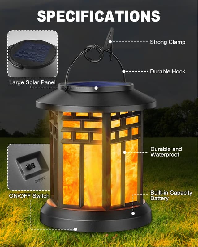 Detalle de KALAHOL 2-Pack Solar Lanterns Outdoor Garden – Hanging LED flame effect, IP65 waterproof (Grid style)