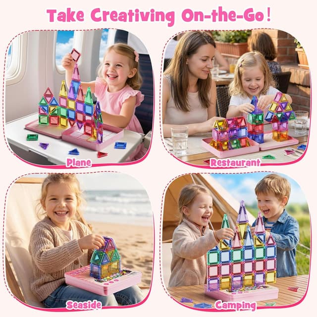 Detalle de iburge magnetische Bausteine Reisespielzeug – 60-teiliges Mini-Set in Metallbox, für Kinder ab 3 Jahren