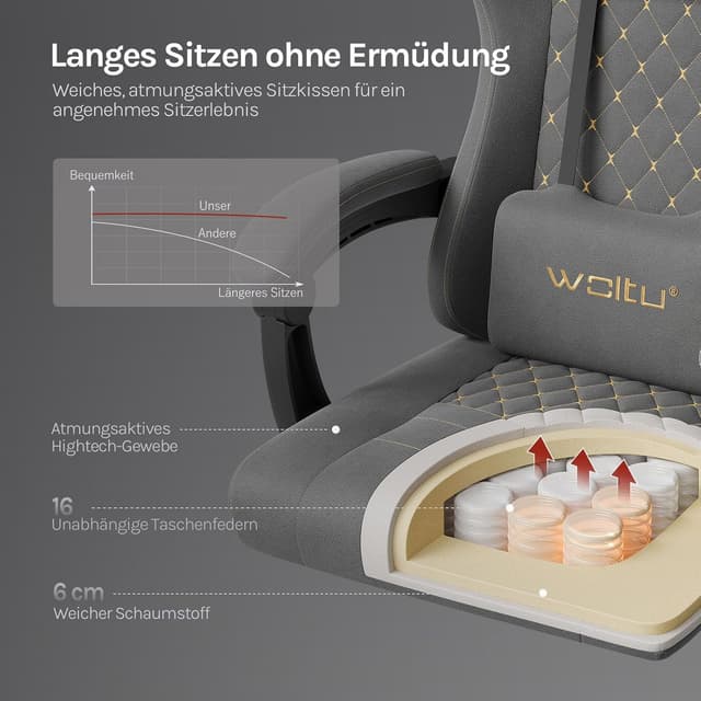 Detalle 2 de WOLTU Gaming Stuhl mit Massagefunktion, Lordosenstütze, 150-kg-Last & Fußstütze (Grau+Gelb)