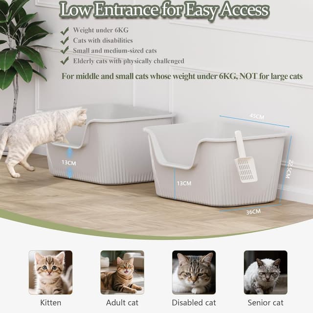 Detalle 2 de Vealind Cat Litter Tray High Sided with Side Entry (2 Pack) with Scoop – Deep, Anti-splash kitten litter box