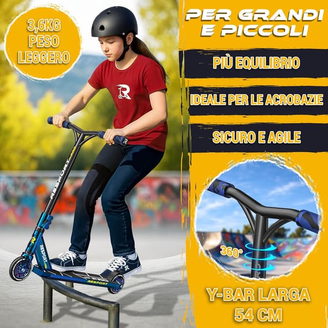 Detalle 2 de RE:SPORT Revo Pro monopattino stunt per bambini e adulti, ruote PU 110 mm, Y-Bar e cuscinetti ABEC 9