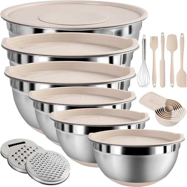 Detalle de ENVTEK Mixing Bowls with Airtight Lids Set (20-Piece) with Stainless Steel Bowls, Grater Attachments & Non-Slip Bases