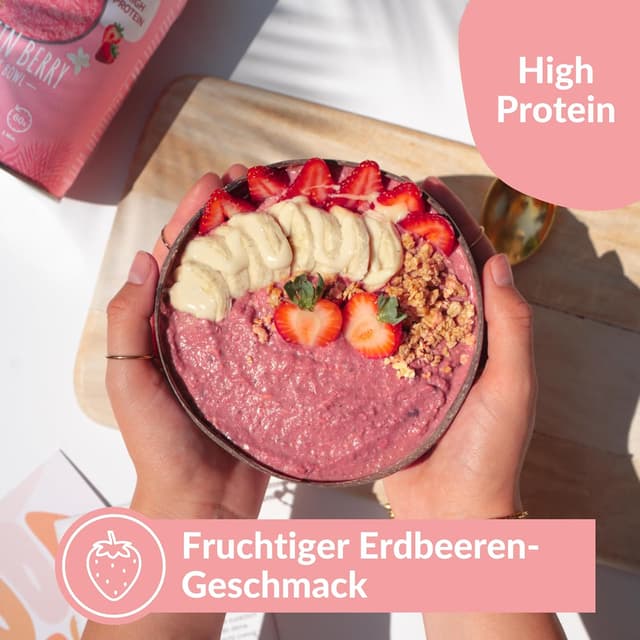 Detalle de BREKKY Protein Smoothie Bowl „Protein Strawbeery“ – vegan, ohne Zuckerzusatz, 100% natürliche Zutaten