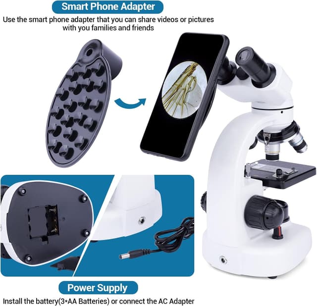 Detalle 2 de MAXLAPTER microscopio binoculare composto 40X–1000X per adulti e bambini, doppio LED e kit scuola