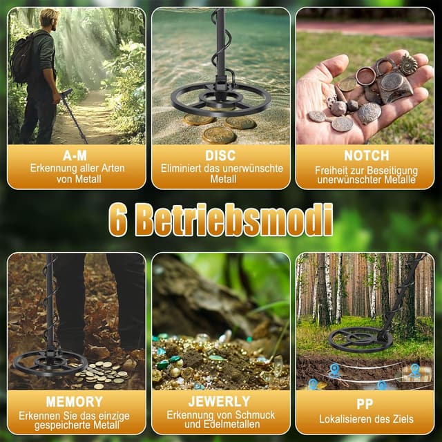 Detalle de OMMO Type-C Metalldetektor für Erwachsene im Profi-Set (6 Modi, IP68 10'' Spule, 70–125 cm)
