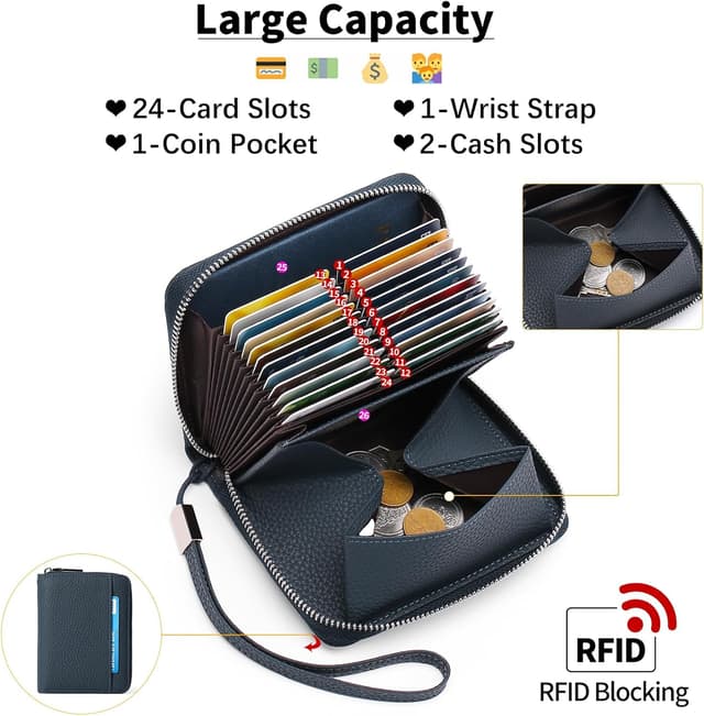 Detalle 2 de SENDEFN RFID leather credit card holder purse with 24 slots, wrist strap & coin pocket