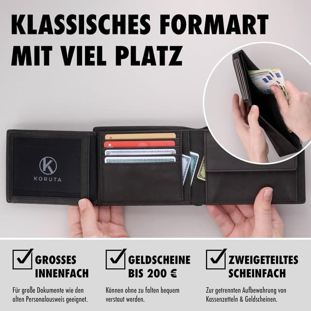 Detalle de KORUTA Herren-Geldbörse aus Echtleder (Querformat) braun mit RFID-Schutz und 13 Fächern