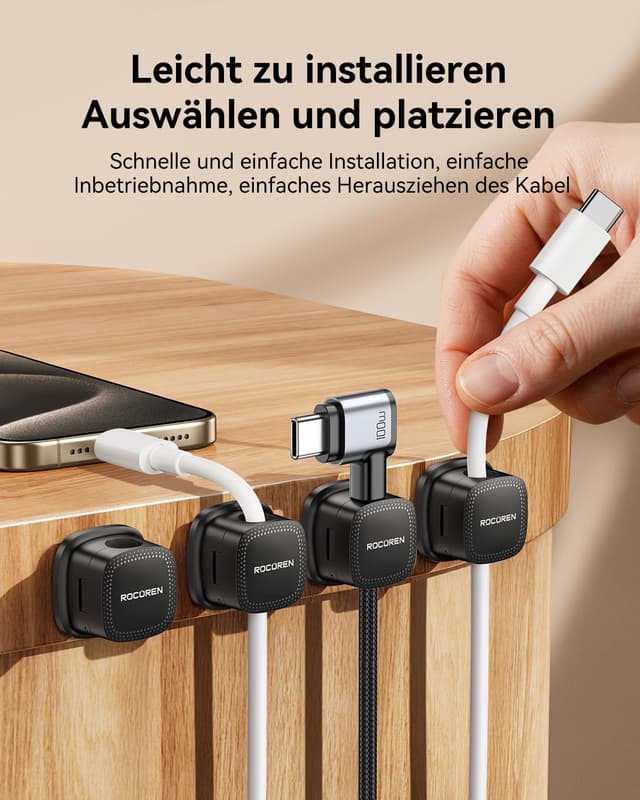 Detalle de Rocoren selbstklebende Kabelhalter mit Magnet – Kabelclips-Organizer (12 Stück) für Schreibtisch & Büro