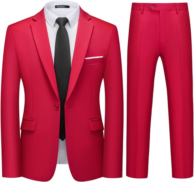 Detalle de WULFUL Men’s Slim Fit 2-Piece Suit Set (One-Button Blazer + Pants) for Party, Wedding & Business