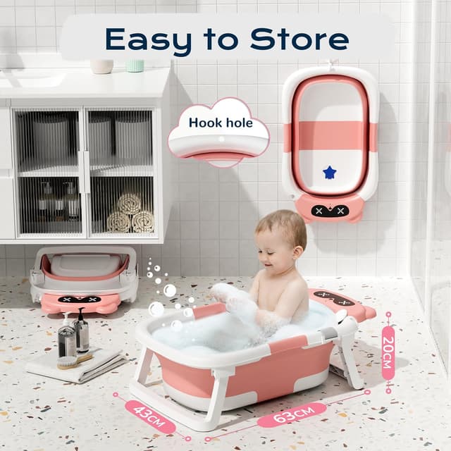 Detalle 2 de COOSEYA foldable baby bath tub with soft cushion (0–18 months), portable space-saving travel option – Pink