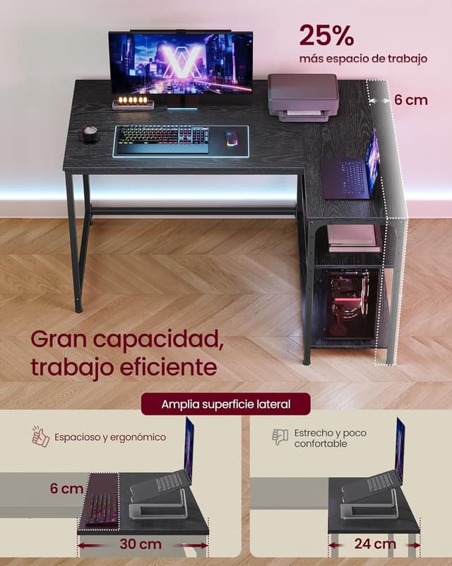 Detalle de VASAGLE Scrivania Angolare a L LWD135BE01 110 x 80 cm con scaffale reversibile e ripiano regolabile in altezza, Nero Ebano