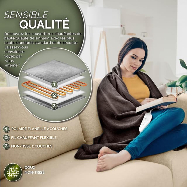 Detalle de Sinnlein Chauffe-lit surmatelas chauffant 160 x 120 cm marron, 9 niveaux et arrêt automatique