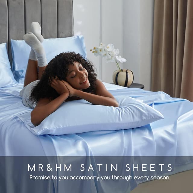 Detalle de MR&HM Satin Bed Sheets Full Size 4-Piece Set with 15-Inch Deep Pocket (Light Blue)