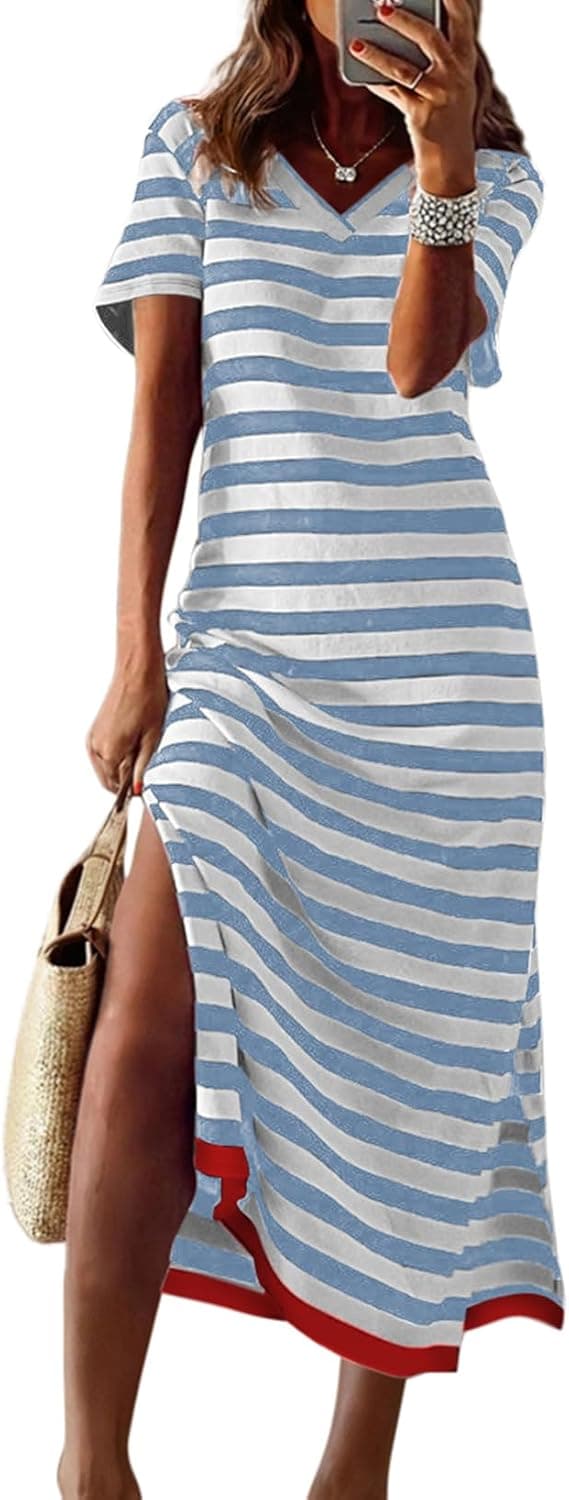 Thumbnail 6 de Dokotoo Womens Short Sleeve Maxi T-Shirt Dress with Color Block Stripes & Side Split