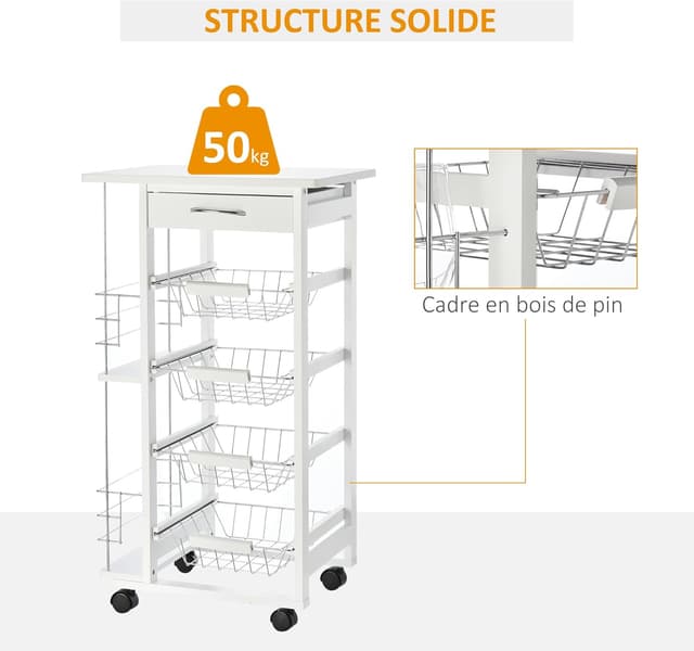 Thumbnail 4 de HOMCOM Desserte Cuisine blanc 47x37x83 cm