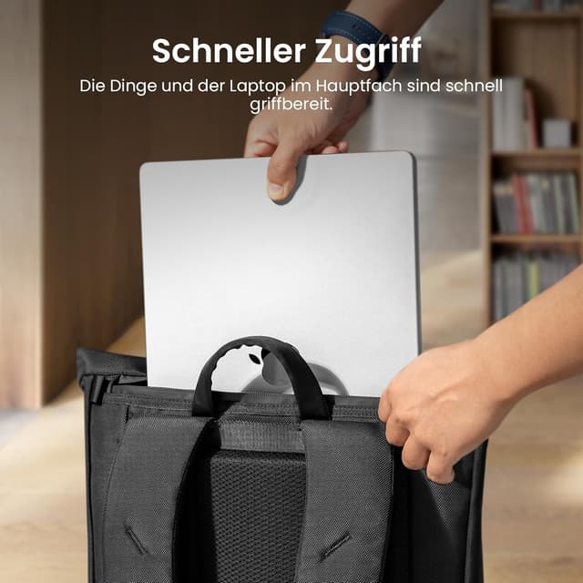 Detalle de tomtoc Rolltop Rucksack für Herren & Damen (25–30 L) mit 17,3-Zoll-Laptopfach – wasserdicht, Schwarz