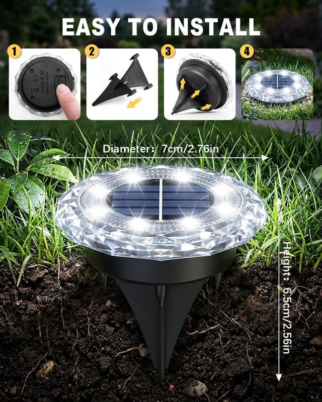 Detalle de KALAHOL 10-Pack Solar Garden Lights (8 LEDs) for Pathways, IP65 Waterproof – Cold White
