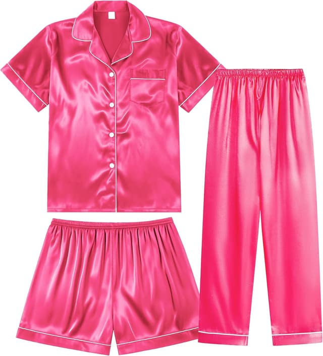 Thumbnail 6 de TinyChoice 3-Piece Silk Satin Pajama Set for Women (Short Sleeve Button-Down Top + Shorts + Long Pants)
