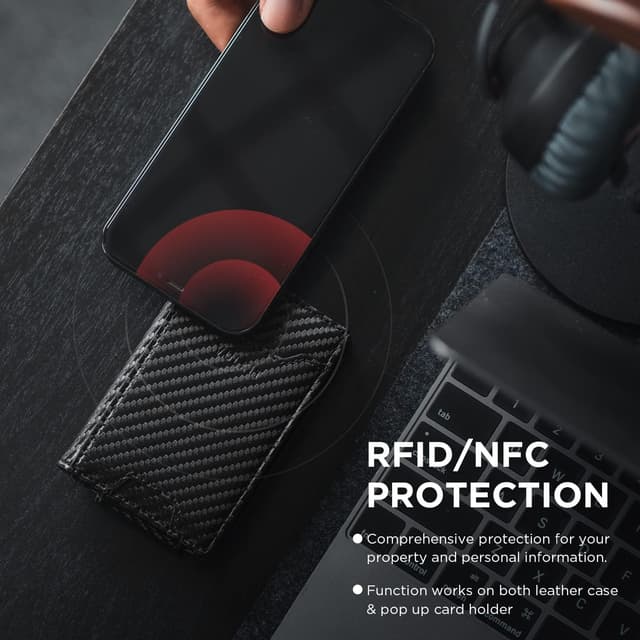 Detalle de VULKIT leather credit card holder with money clip and RFID blocking, magnetic closure