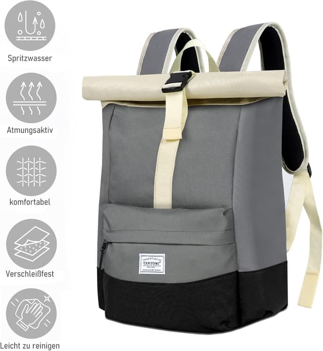 Detalle de CALIYO Rolltop Rucksack Damen groß mit Laptopfach – wasserdichter Backpack für Schule, Studium & Reisen