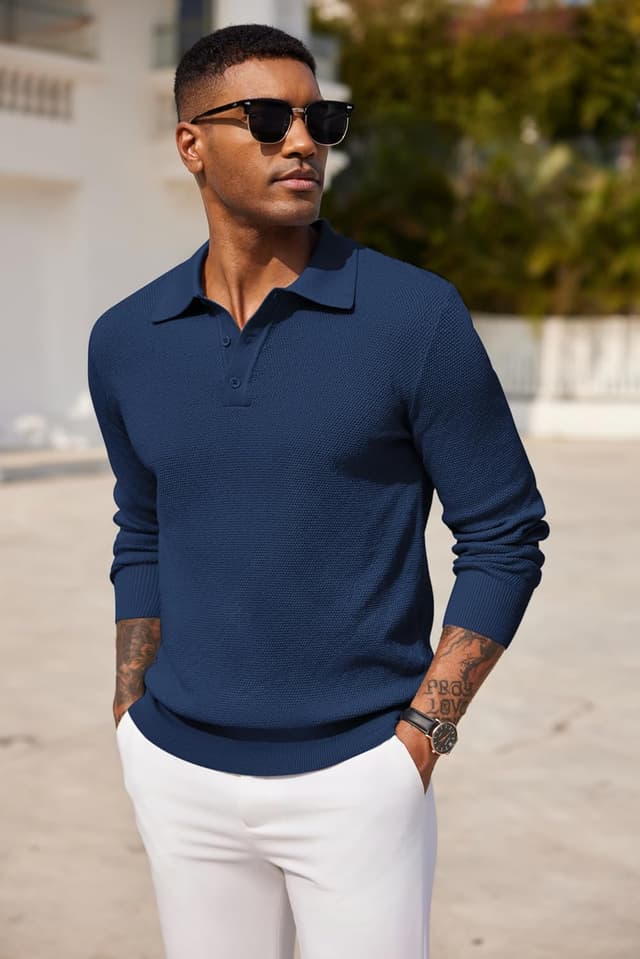 Detalle 2 de COOFANDY men’s long-sleeved polo jumper fine knit winter sweater