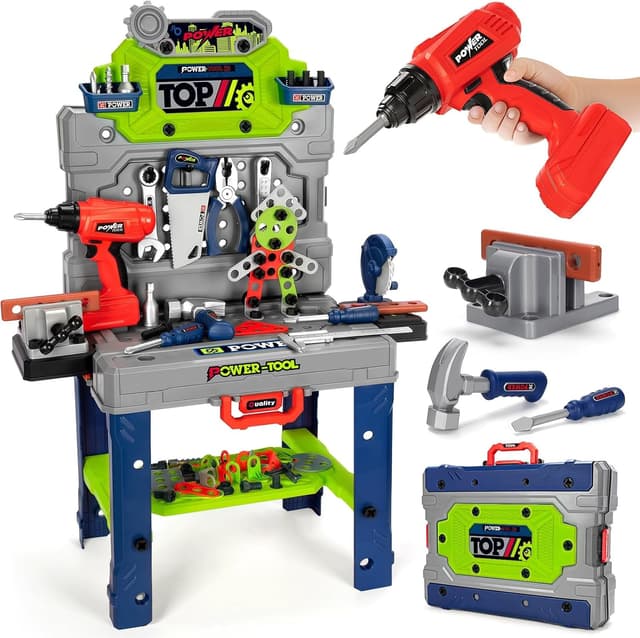 Detalle de Kids Tool Bench Set with Electric Drill and Realistic Tools (132pcs) — 2-in-1 Workbench & Toolbox for Ages 3–5