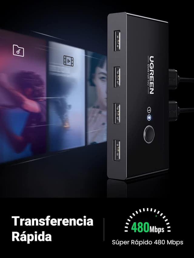 Detalle de UGREEN Switch USB 2.0, Conmutador para 4 Dispositivos ⚙