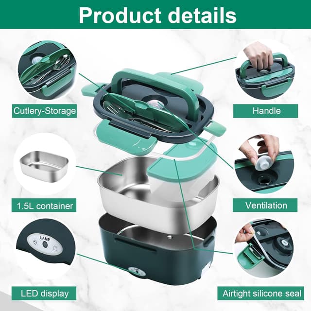 Detalle 2 de Gentre Lunch Box Elettrico portatile 4 in 1 con scaldavivande 1,5 L (12V/24V/220-240V) in acciaio inox