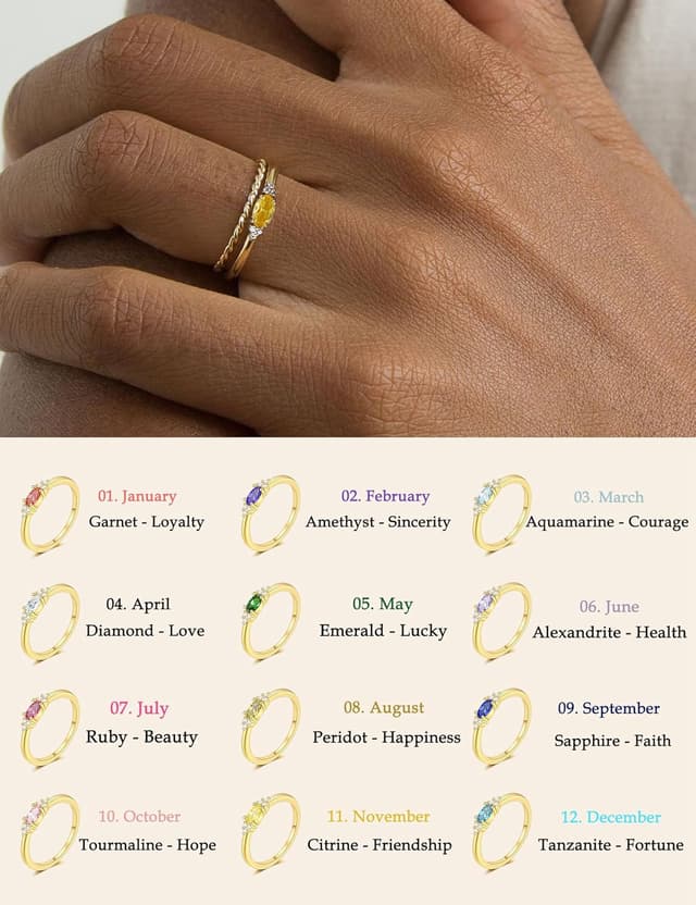 Detalle 2 de ZNBOH Geburtsstein-Ring vergoldet mit 18K, wasserfest, stapelbar – Damenring mit Zirkonia (Amethyst/Aquamarin/Citrin u. a.)