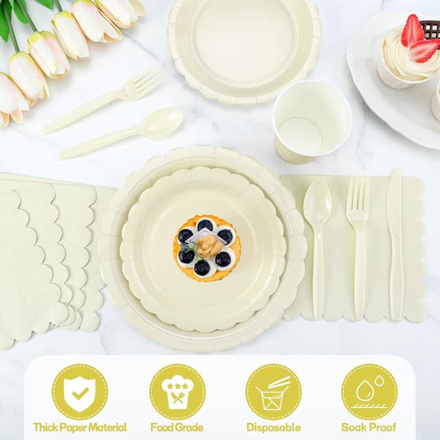 Detalle de Xiangqu 175-Piece Ivory Paper Plates and Napkins Set for Parties (Beige scalloped disposable tableware)