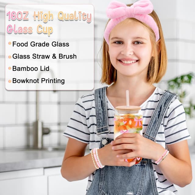 Detalle de Set regalo per ragazze 8–15 anni con tazza in vetro 450/475 ml, coperchio in bambù e accessori beauty